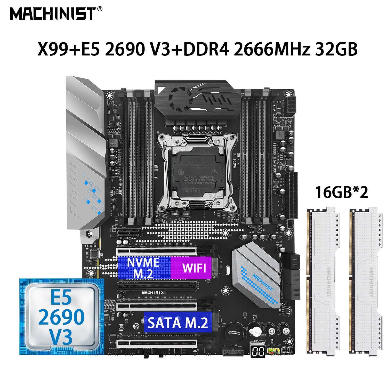 

MACHINIST X99 комплект материнской платы LGA 2011-3 с Xeon E5 2690 V3 CPU Set 2*16 ГБ = 32 Гб DDR4 2666 МГц память ATX NVME USB3.0