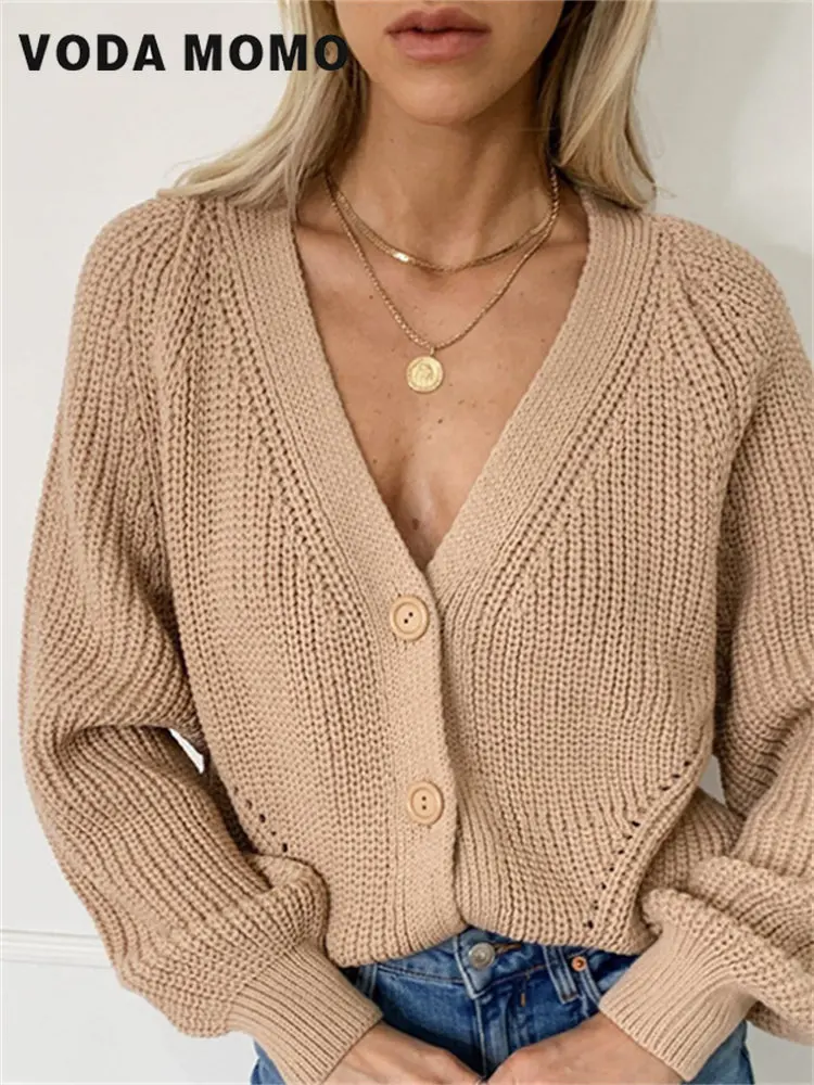 

2022 V Neck Solid Female Tops Women Knitted Cardigans Sweater Fashion Loose Autumn Long Sleeve Loose Coat Casual Button Thick