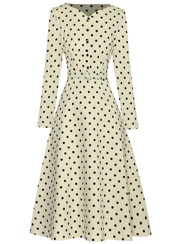 

Runway Designer Fashion Autumn New Women's High Quality Elegant Chic Casual Party Long Sleeve Belt Slim Dot Print Midi Dress