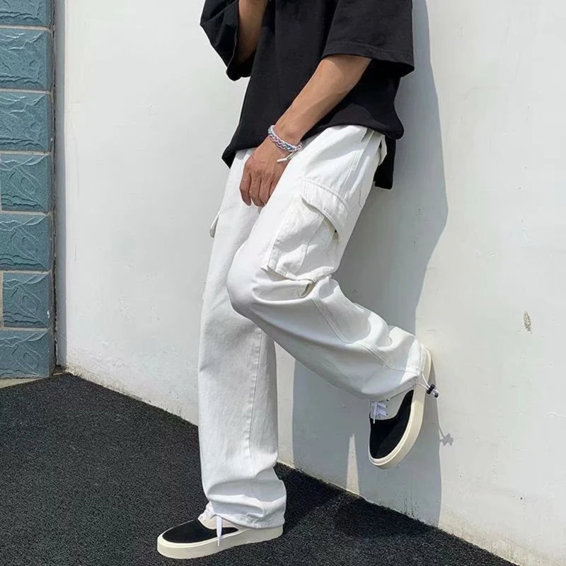 

Black/white Casual Pants Men's Fashion Loose Straight Wide Leg Pants Men Streetwear Hip-hop Pocket Cargo Pants Mens Trousers