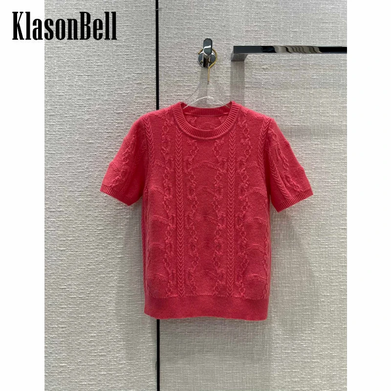 

7,4 KlasonBell Роскошная цепочка жаккардовый с круглым вырезом с коротким рукавом кашемировый вязаный пуловер свитер для женщин