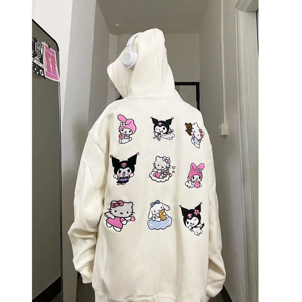 

Новинка 2023, милая Толстовка Hello Kitty с мультяшным принтом My Melody Kuromi, женское Свободное пальто на молнии, академический стиль, осень и зима