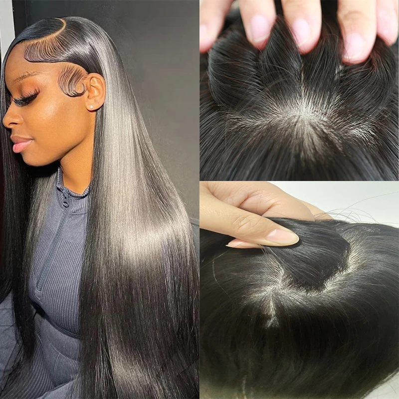 Jet BlackHuman Hair Topper Clip in Perimeter Silk Top Human Hair Pieces for Women Brazilian Breathable Skin Base Closure