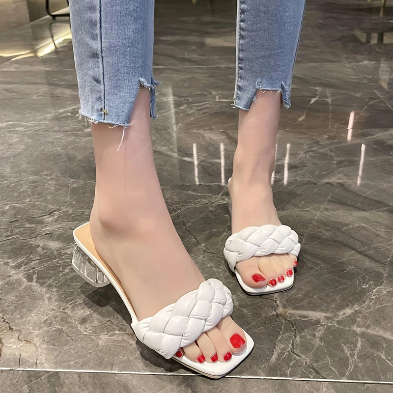 

Individual Weave Leisure Blue Office Ladies Prom Slippers Women Shoes Luxury Slides Women 4cm High Heels Mules Fetish Pumps