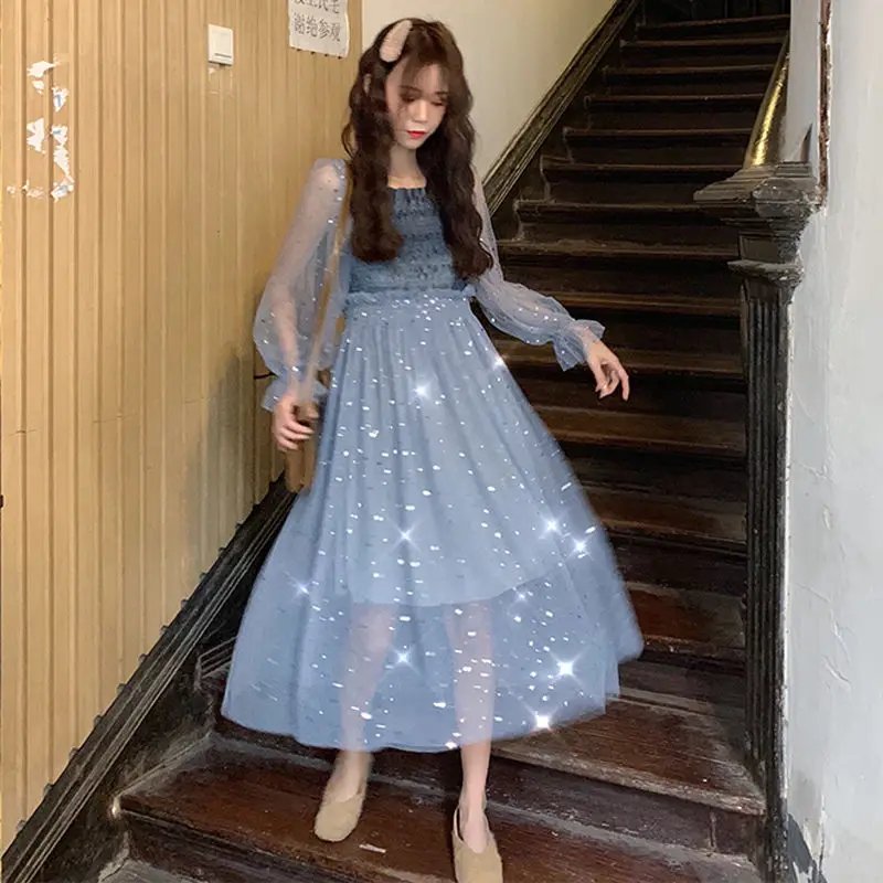 

Женское кружевное платье средней длины, элегантное однотонное Сетчатое офисное платье с квадратным вырезом и расширяющимся книзу рукавом, ...