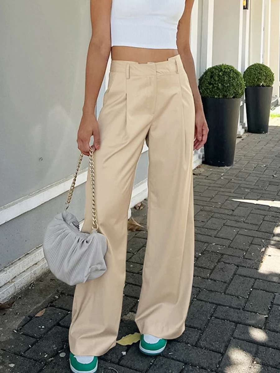 

Pocket Solid Fashion Casual Pant Female New High Waist Loose Chic Wide Leg Trouser 2023 Summer Simple Vintage Office Lady Pants