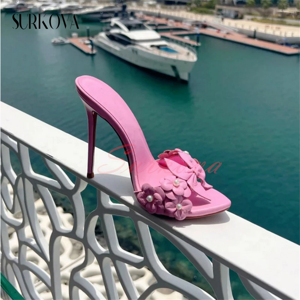 Pearl Flower Bow Open Toe High Heel Slippers Solid Color Leather Stiletto Sandals for Women Summer Elegant Ladies Dress Shoes