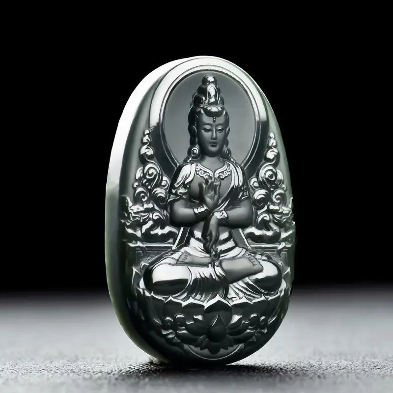 

Xinjiang Hetian jade sapphire sitting lotus jade Guanyin pendant new handsome natural sapphire jade first-class fine product