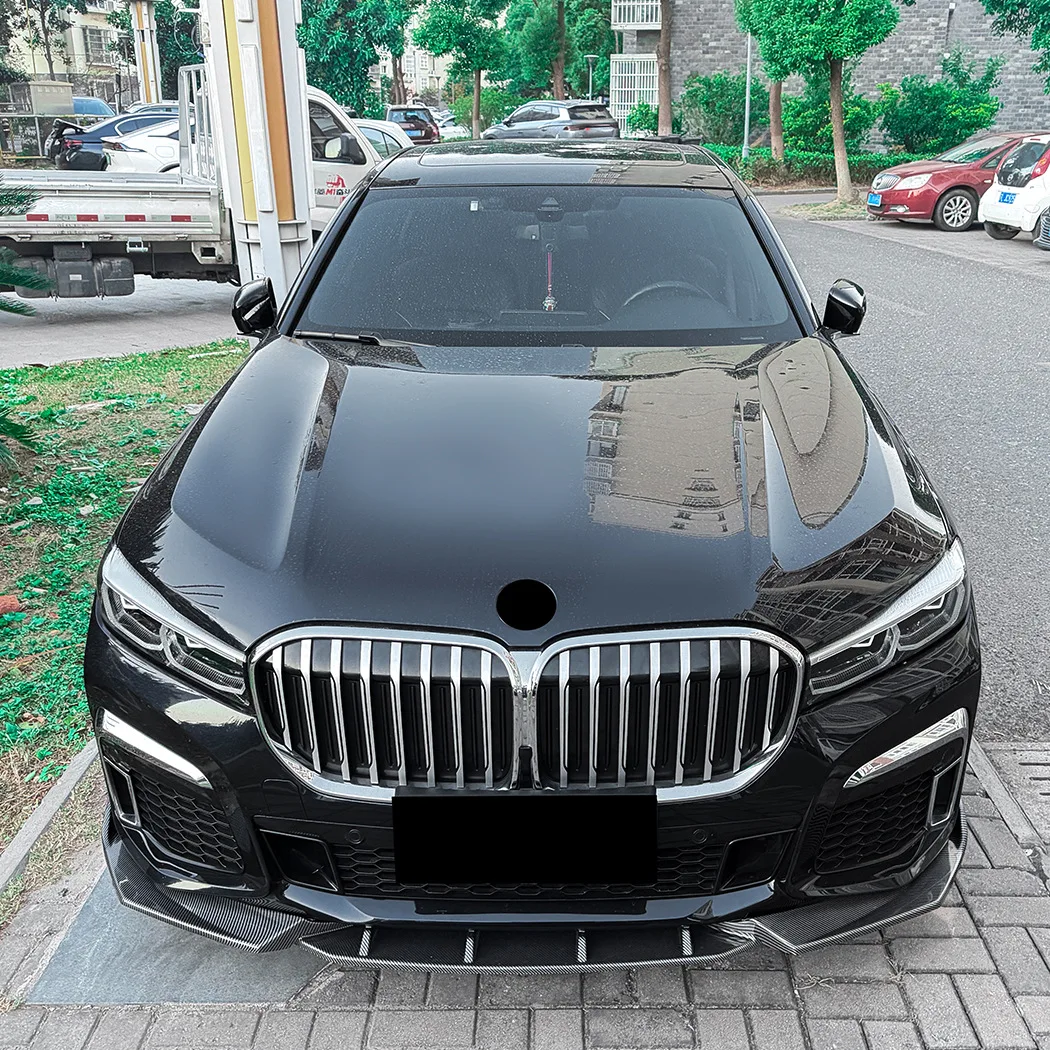 Фото Спойлер-сплиттер переднего бампера для BMW 7 серии G11 G12 LCI M Sport 2019-2022, черный глянцевый, карбон, нижний диффузор, модифицированный комплект №1
