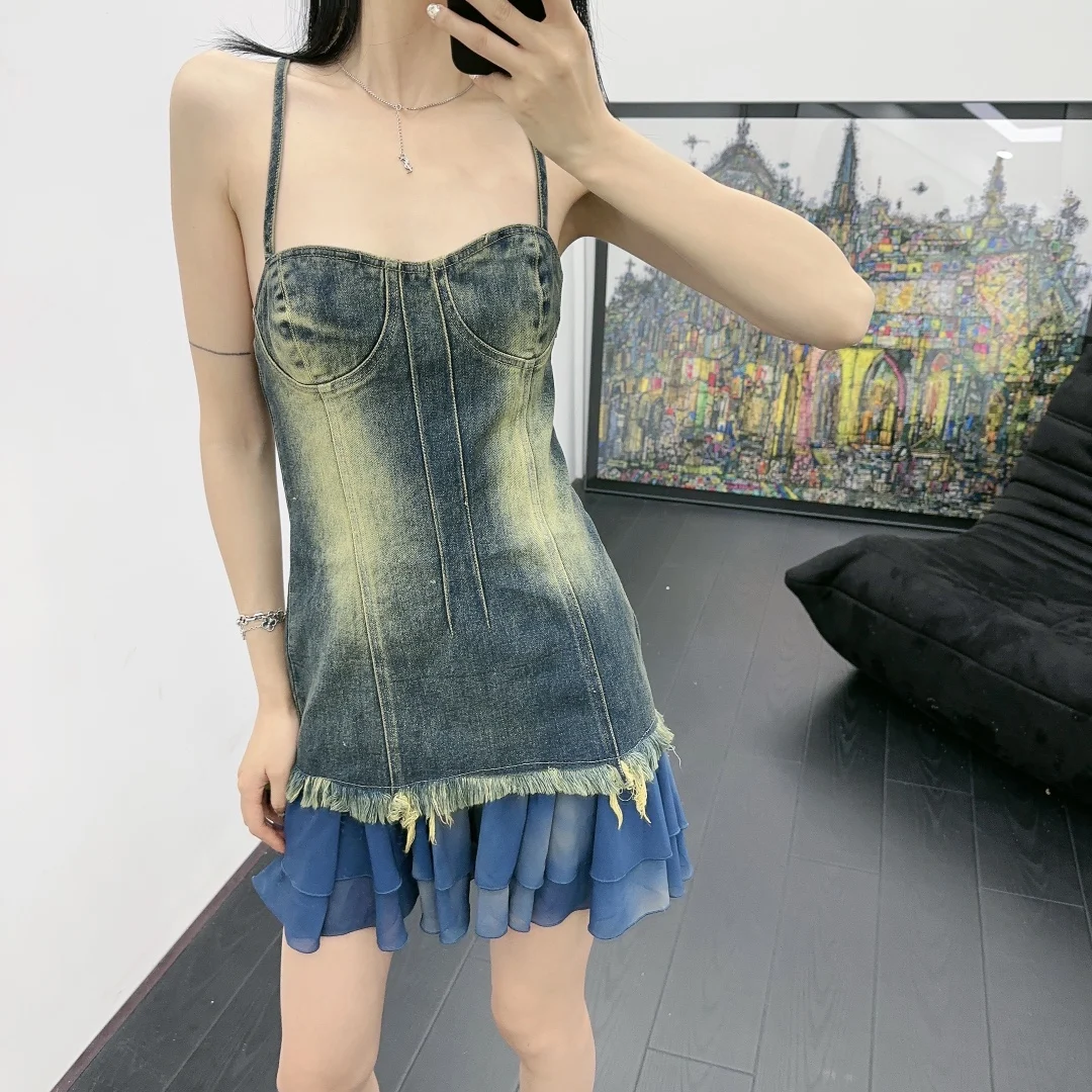 

Женское джинсовое мини-платье на бретельках, соблазнительное нижнее белье из окрашенного денима в стиле high street, y2k, Летний сезон 2023