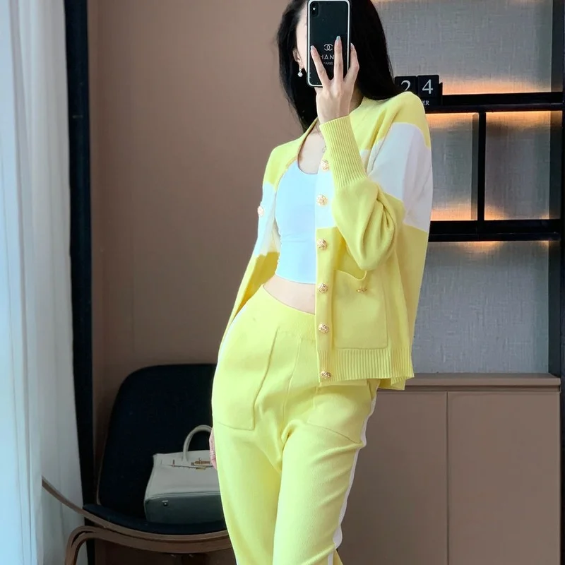 

Casual Knitted Trousers Suits Female Elegant Ladies Long Sleeve Single-breasted Cardigan Sweater +Pants 2 Piece Sets Women E406