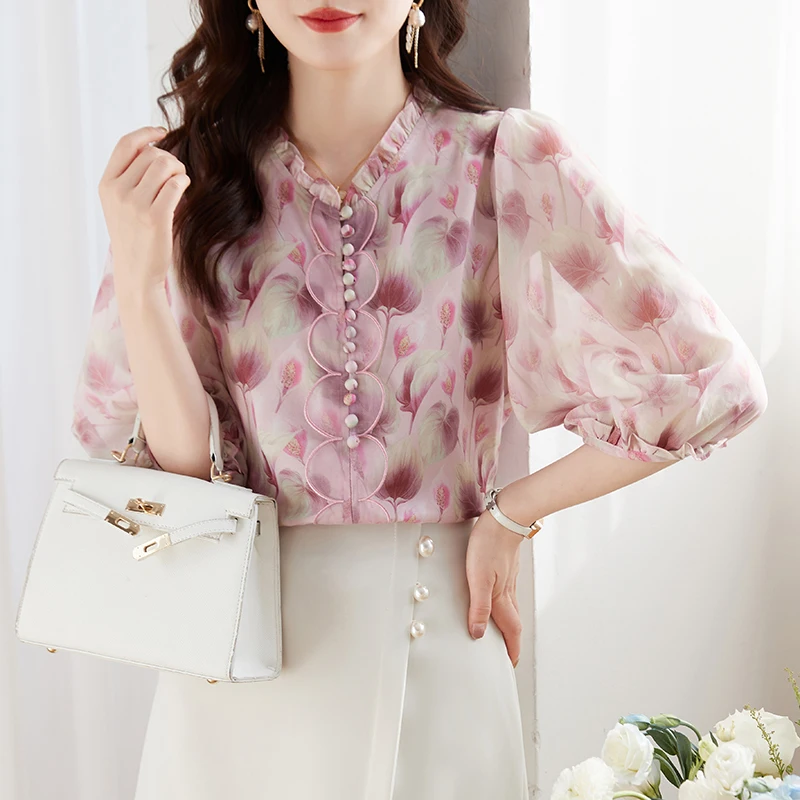

Женская однобортная рубашка, шифоновая блузка с цветочным принтом и рукавами-фонариками, весна-лето