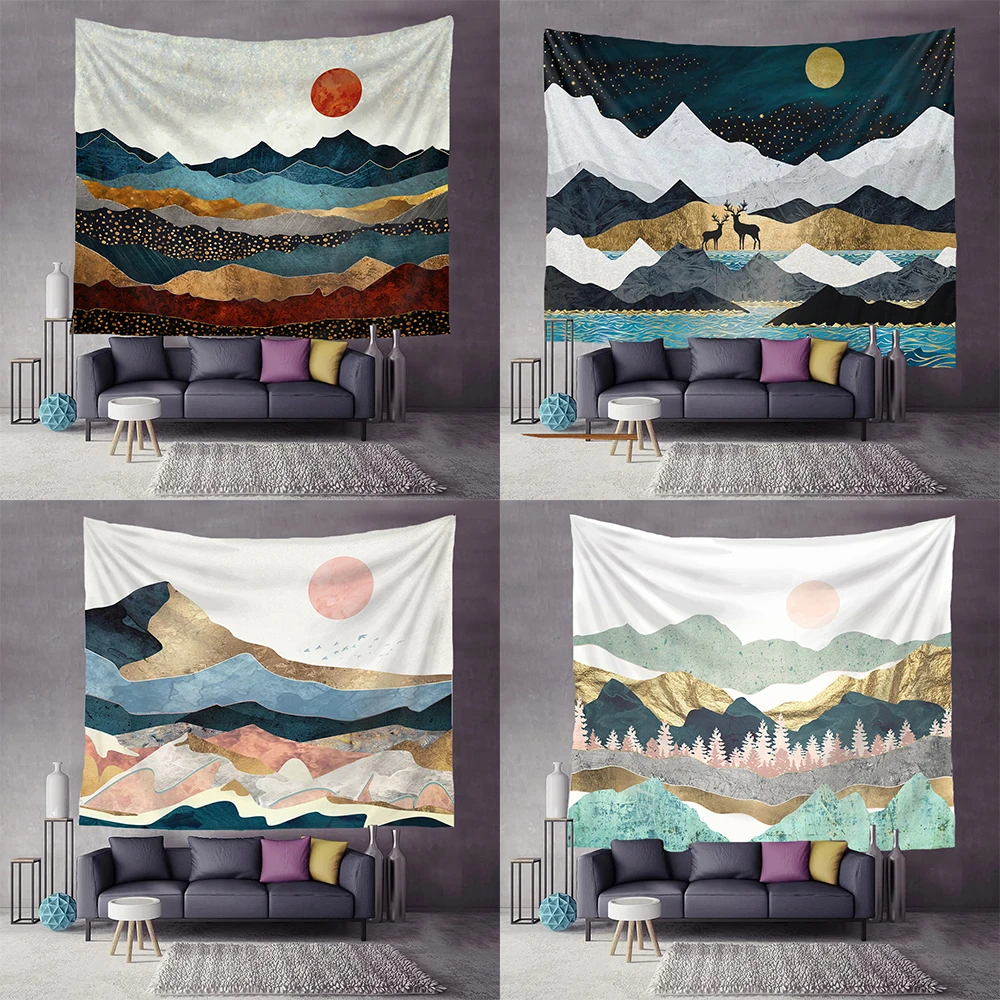 

Tapestry On The Wall Mandala Coulorful Palm Tree Sun And Moon Mountains Night Snow Peak Aesthetic Elk Room Decor Green Home