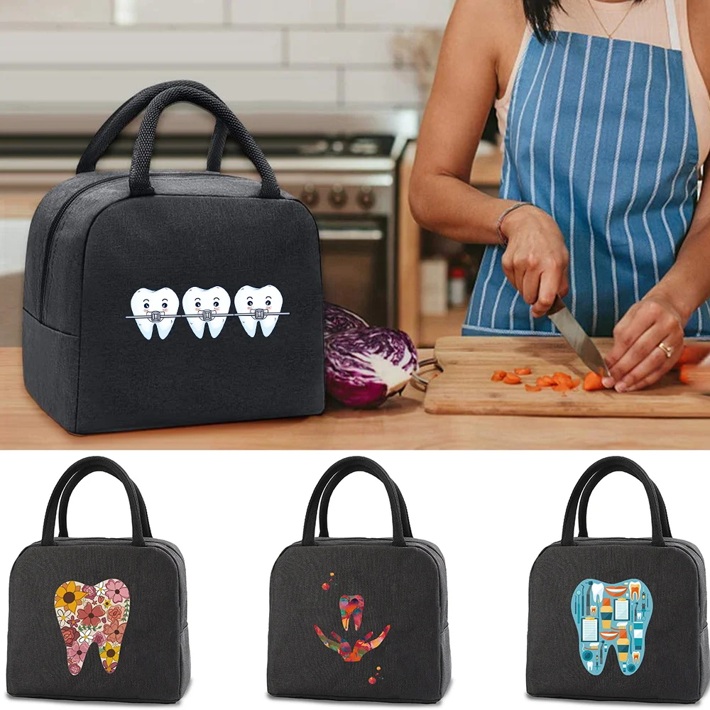 

Thermal Lunch Bags for Children Food Cooler Bag Travel Picnic Insulated Box Teeth Print Women Work Bento Lunchbox Organizer Pack