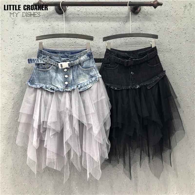 

Asymmetrical Denim Jeans Tulle Skirts Womens High Waist Long Mesh Tutu Tassel Pleated Midi Gothic Skirt with Pockets Belt Black