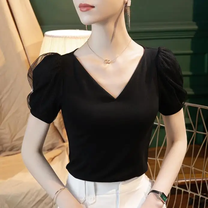 

Summer T-shirt Spliced Bubble Sleeve Top