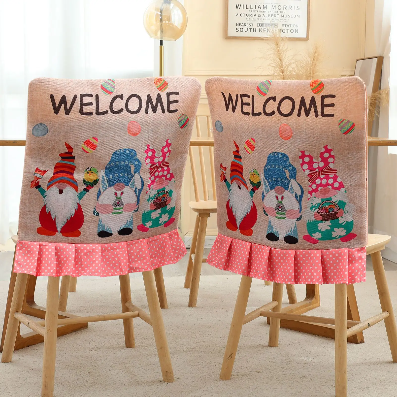 2023 new Easter decorations hold colored eggs Rudolph bunny cartoon printed lace chair cover