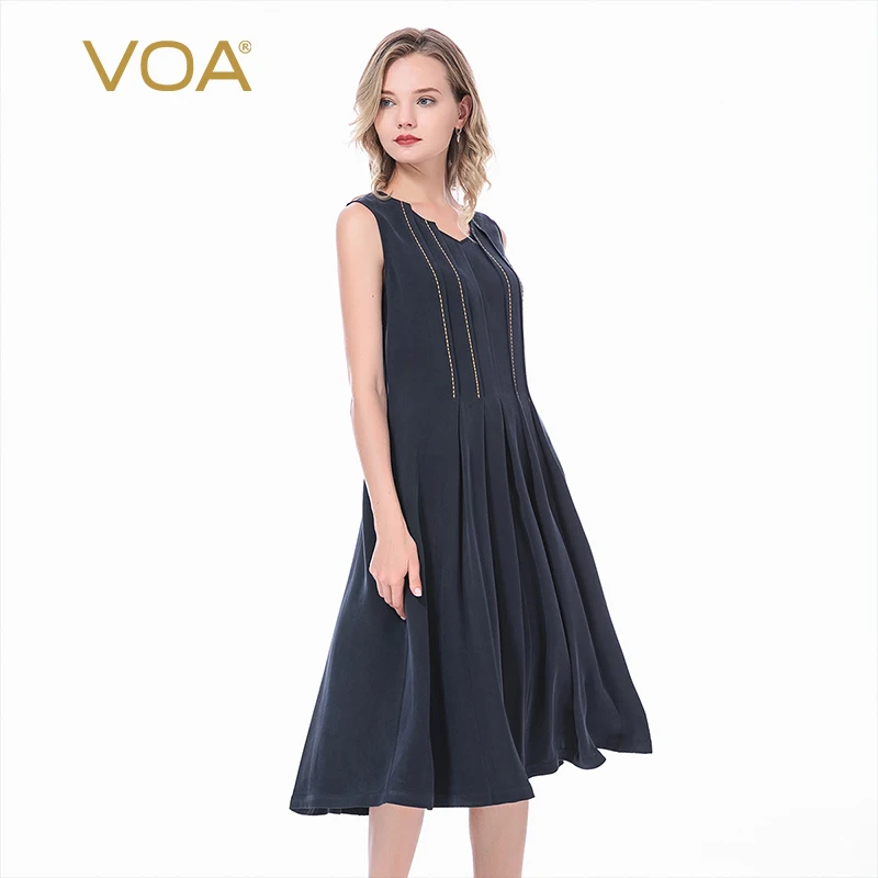 

Женское шелковое платье-макси VOA, темно-синее платье с воротником персикового цвета, 30 момме