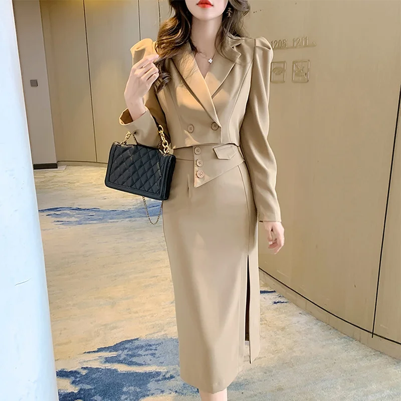 2021 New Suit Dress Skirt Autumn Fashion Solid Color Long-sleeved Lapel Jacket High Waist Half-length Skirt Two-piece Female