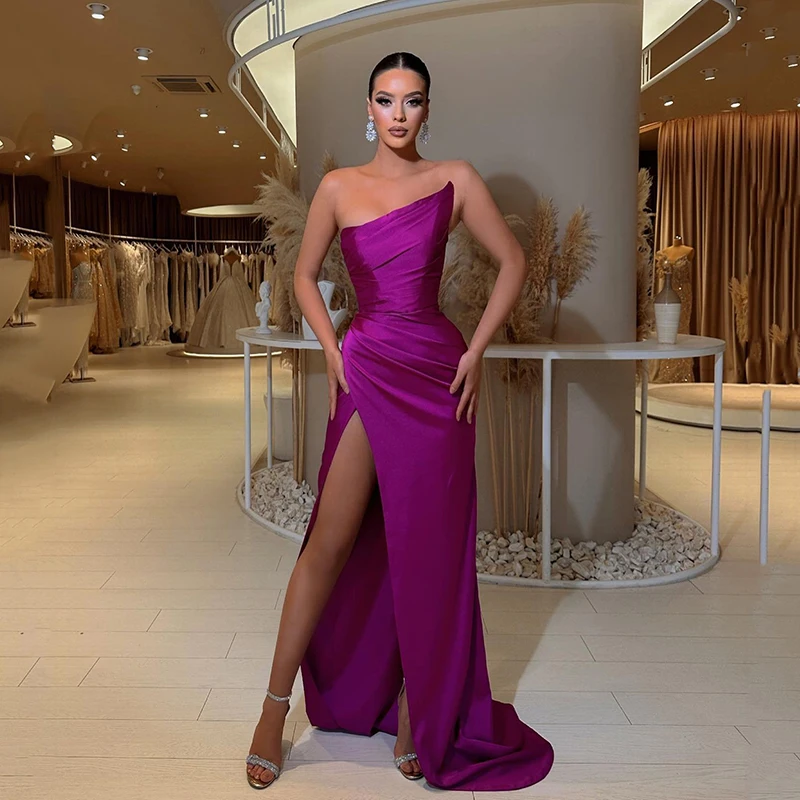 

UZN Purple Mermaid Prom Dress Sleeveless High Split Satin Evening Party Dress Formal Saudi Arabia Wedding Prom Gowns Custom Size