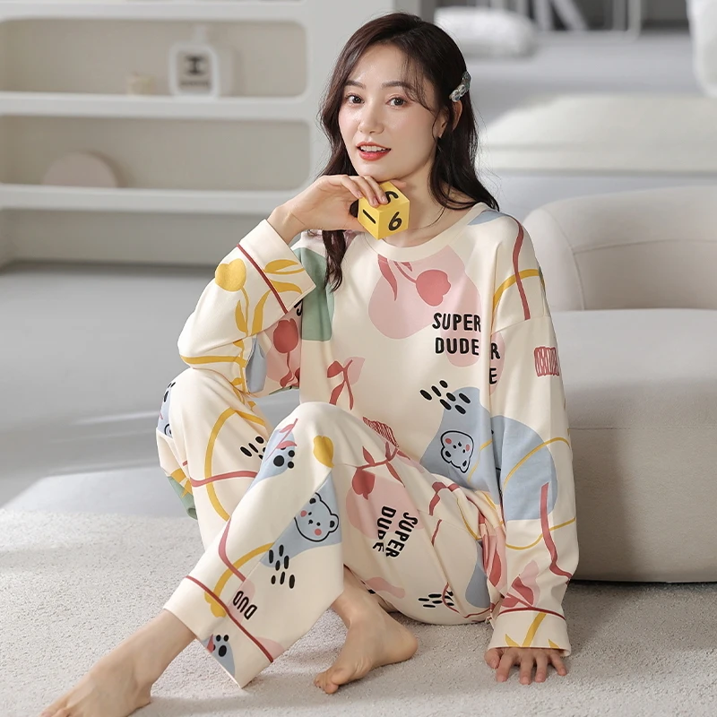 Корейский пижамный комплект женские осенне-весенние длинные брюки с длинными