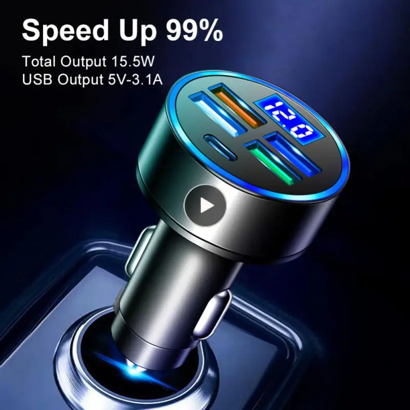 

Car Charger With Voltage Detection Multi-port Charging 15.5w Car Charger 5 In 1 Led Digital Display Car Accessories
