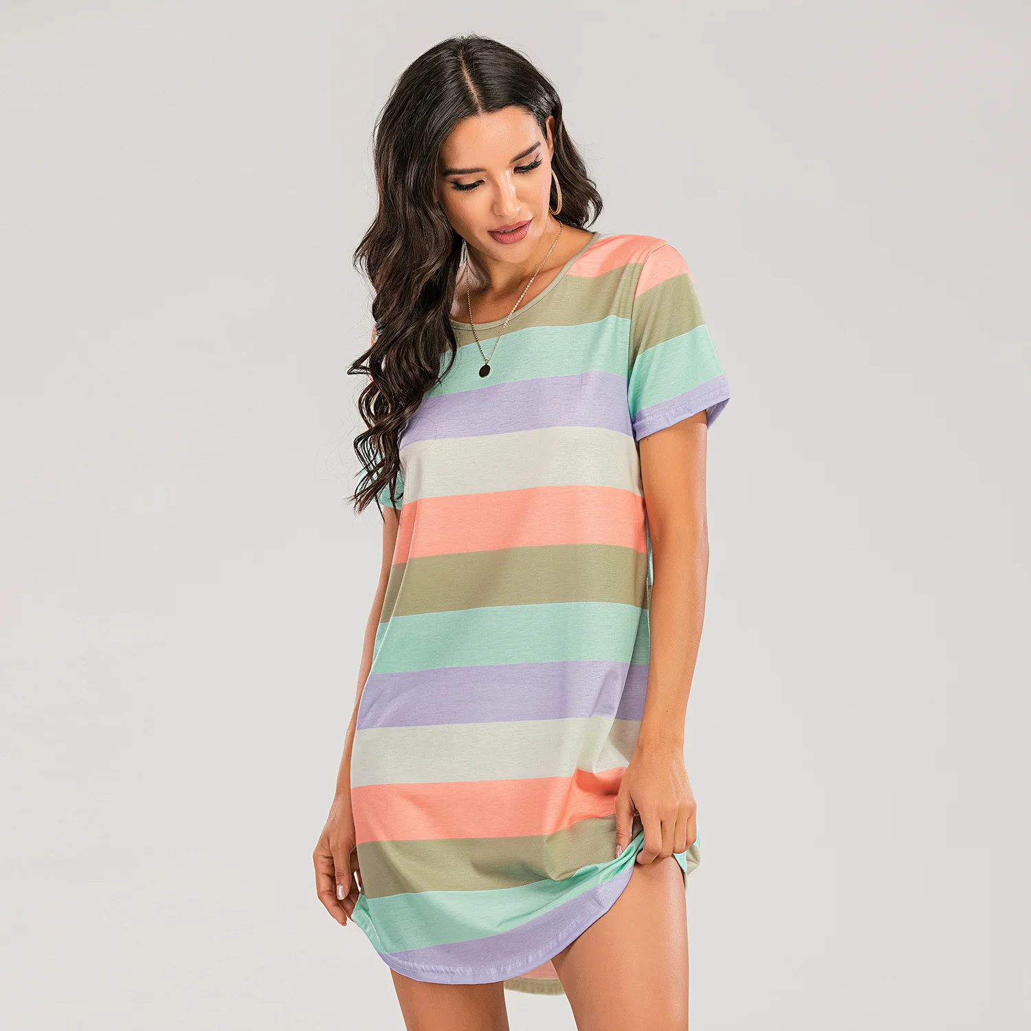 Fashion Rainbow Striped Sleep Dress Women Irregular Mini T Shirt Dress Casual Night Dress Sleepwear Ladies Nightgowns Homewear