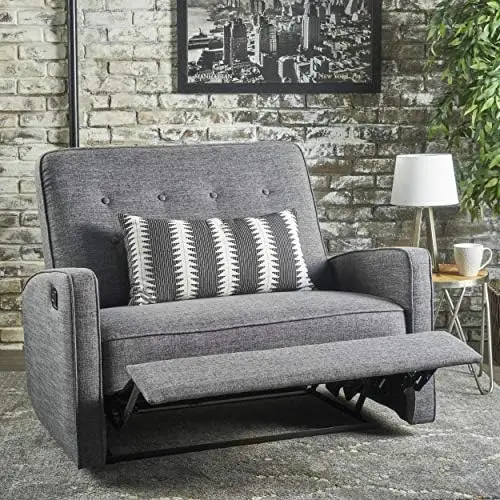 

Calliope Buttoned Fabric Reclining Loveseat, Light Grey Tweed / Black