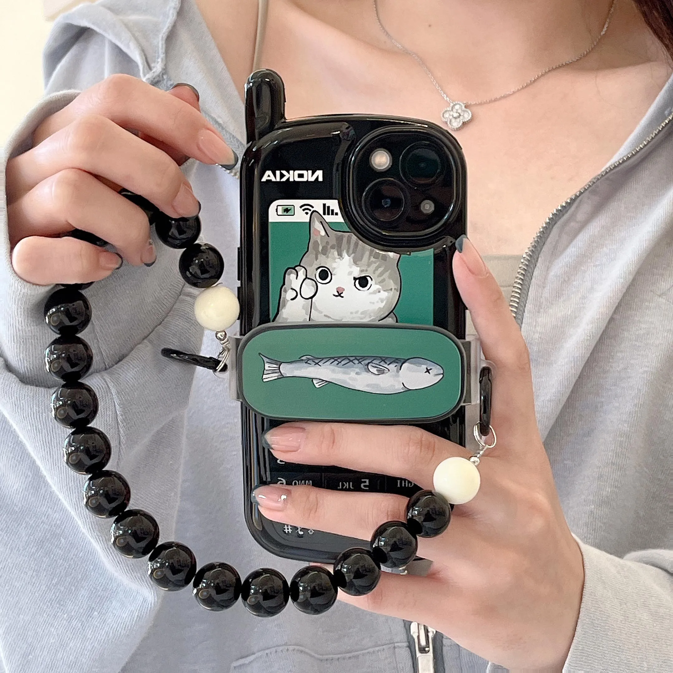 

3D Phone Shape Cute Cat Case with Fish Clip Bracelet for iPhone 14 13 12 11 Plus Pro Max X XS XR Bead Chain Cool iPhone14 Cover