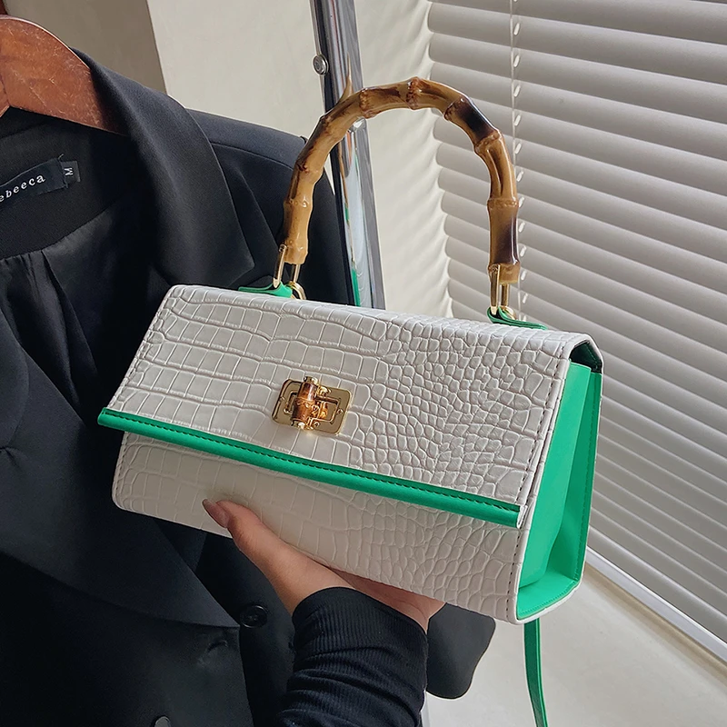 

Роскошная женская сумка с крокодиловым узором, винтажный тоут на плечо с бамбуковой ручкой, роскошный крокодиловый саквояж кросс-боди из ис...