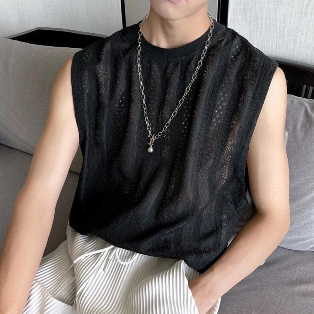 

Mens Fashion Clothes Hollow Lace Sleeveless T-shirt Man LGBT Streetwear Hip Hop Korean Style Tank Tops Sexy Baggy Vest Tops Tees