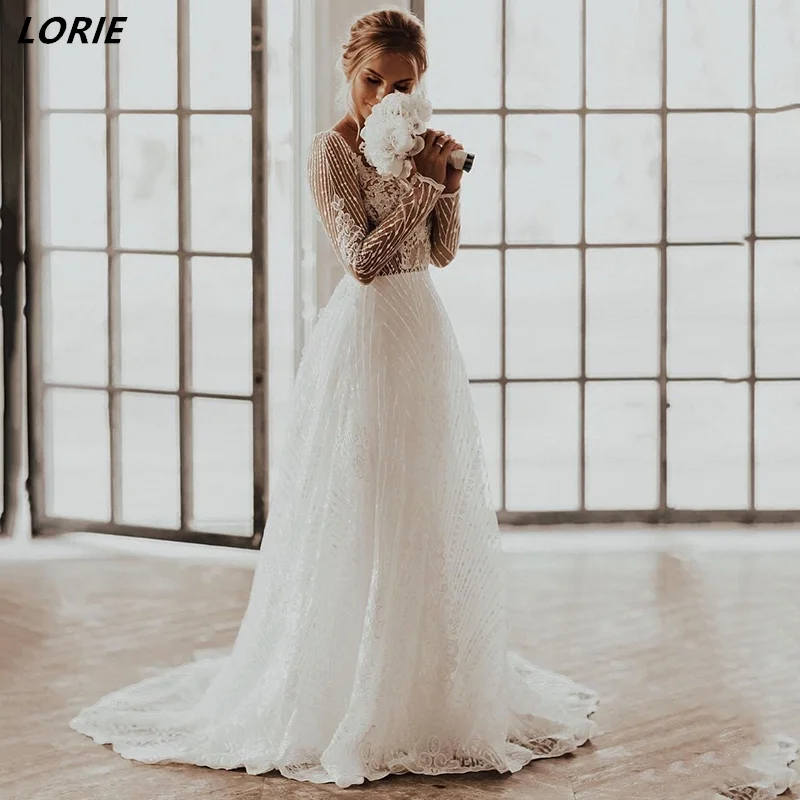 

LORIE элегантные полосатые кружевные свадебные платья с открытой спиной с V-образным вырезом трапециевидного силуэта с длинными рукавами и ап...