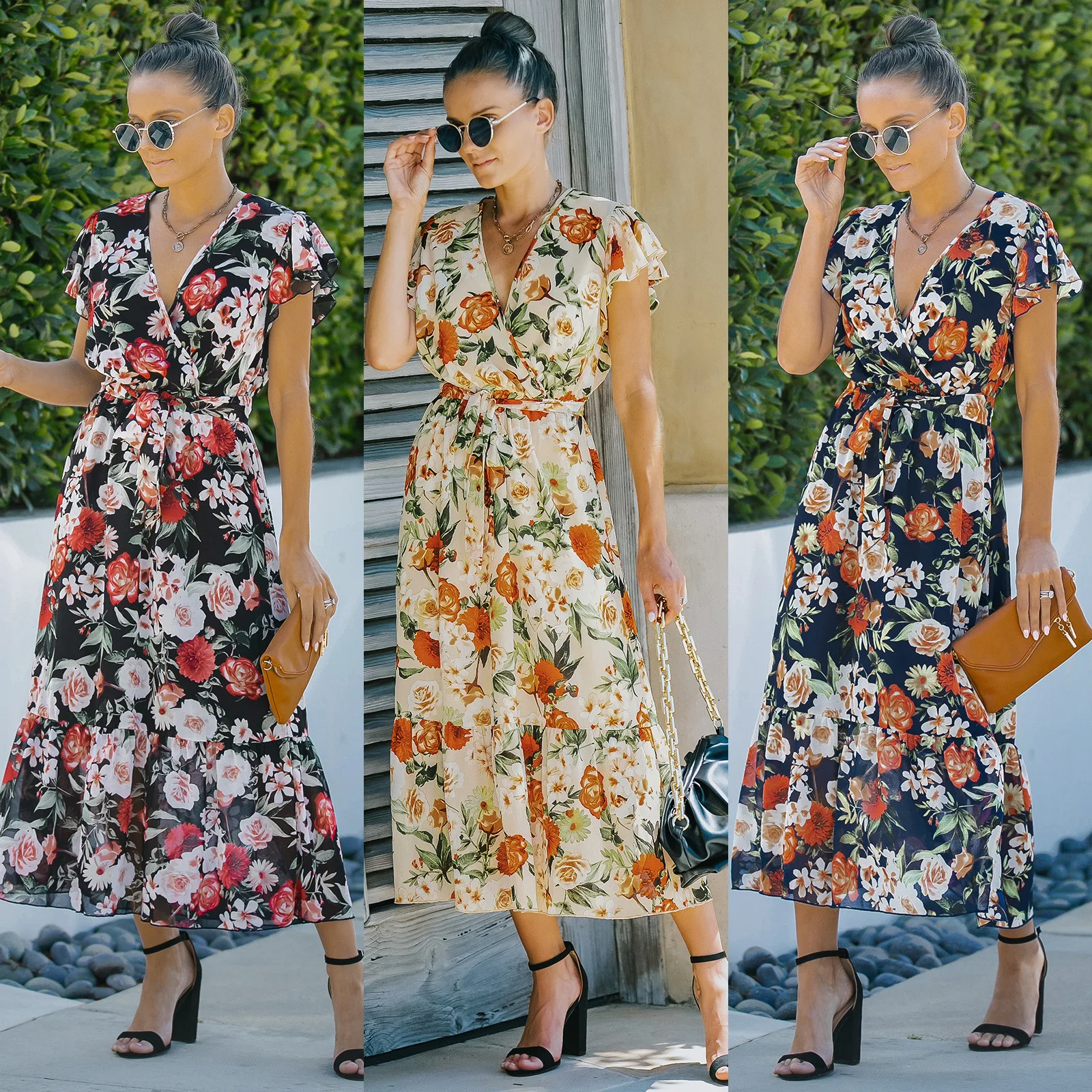 

ZITY Summer New V-neck Floral Dress Printed Ruffle Sleeve Lace up Chiffon Dress Elegant Fashion Loose Casual Women's Dress