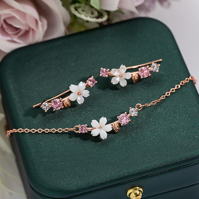 

2023 New Arrival Shell Flower Necklace Earrings Jewelry Sets For Women Zircon Stud Leaf Chokers Bridal Wedding