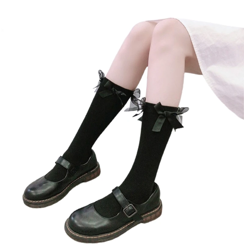 

Japanese Lolita Student Mid Calf Long Socks Sweet 8pcs Satin Ribbon Bowknot Black White Anime Kawaii Hosiery Stockings for Women