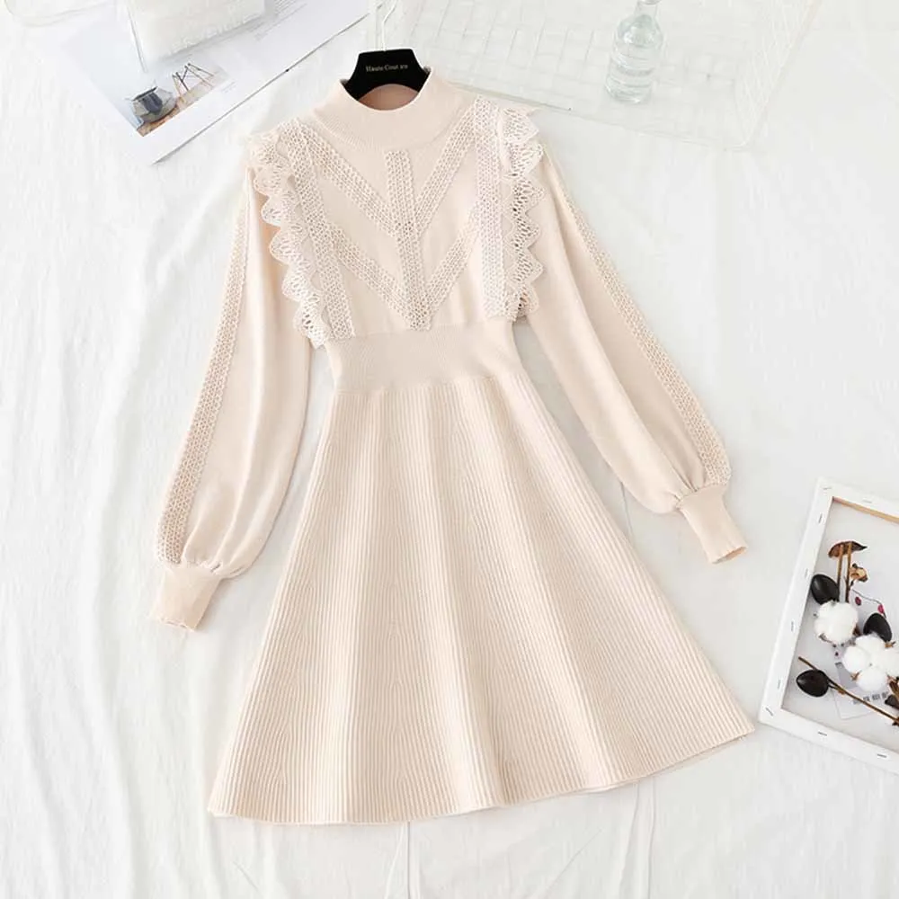 Женское трикотажное мини-платье-свитер повседневное ТРАПЕЦИЕВИДНОЕ кружевное