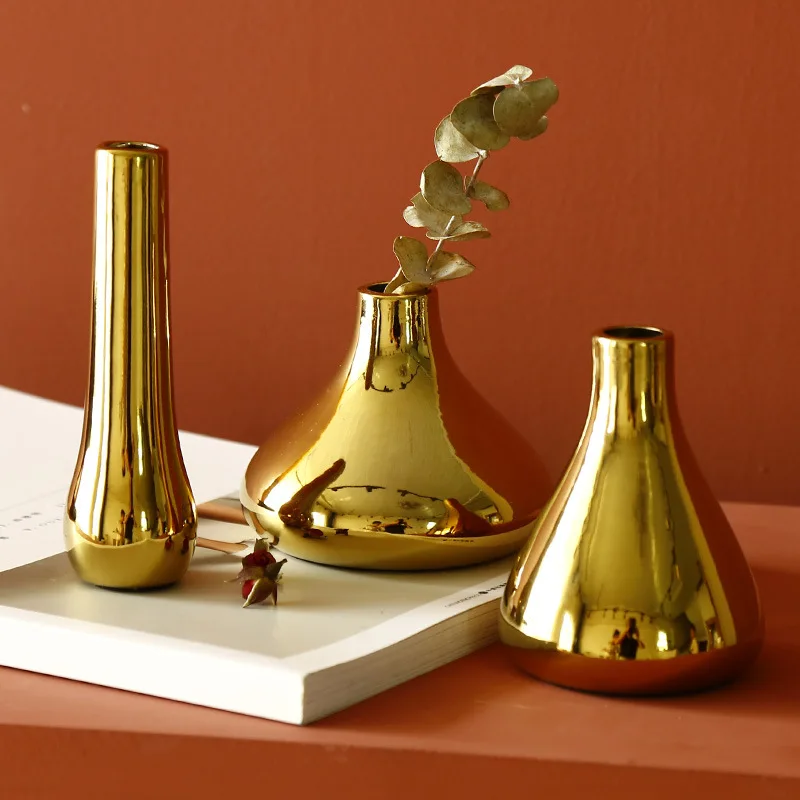 

Nordic Style Light Luxury Golden Ceramic Small Vase Dried Flower and Flowerpot Table Decorative Ornaments Shooting Props