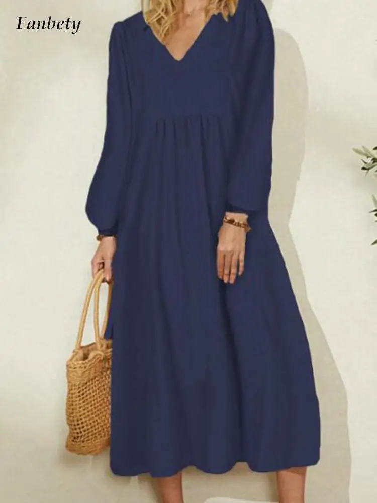 

Vintage Cotton Casual Folds Loose Thin Dress Spring Solid A-Line Maxi Sundress Fashion Women V Neck Long Sleeves Dress Vestidos