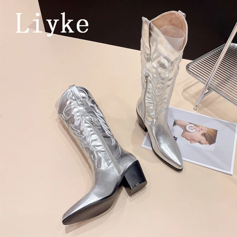 

Liyke Autumn Winter Cozy Sfot Leather Boots High Knee Woman Heels Fashion Handwork Embroidery Ladies Pointed Toe Zip Long Shoes