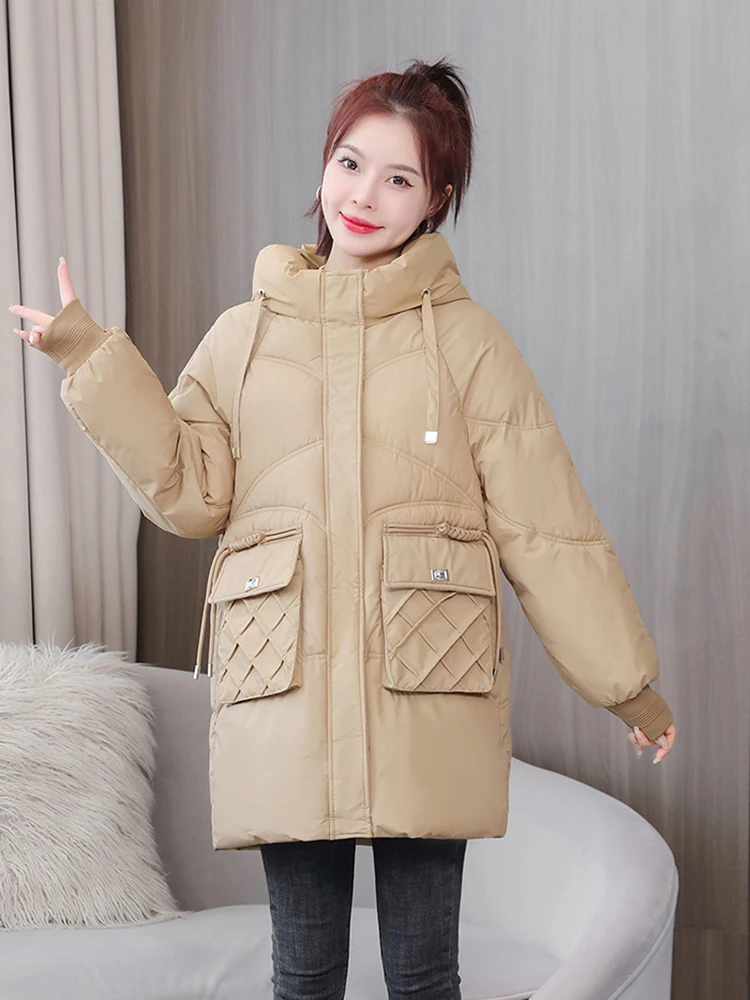 

2023 Korean Fashion Women Padded Cotton Coat Hooded Parkas Solid Warm Female Pockets Winter Mid length version Jacket Overcoat