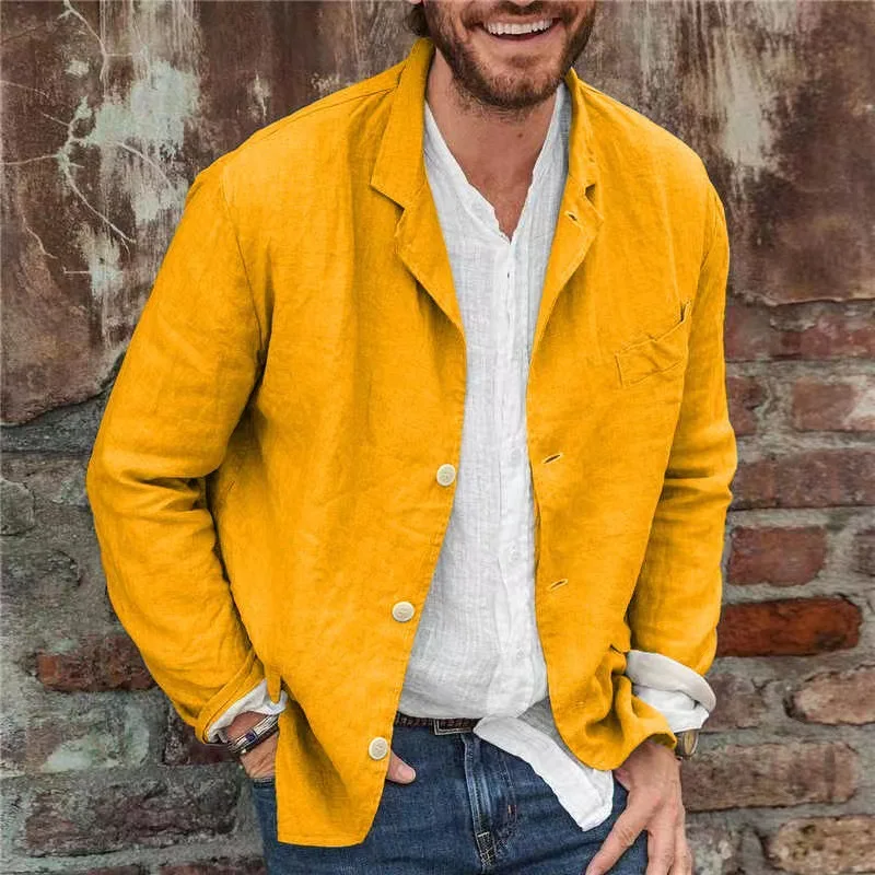 Men's Blazers Spring Autumn Leisure Cotton Linen Loose Suits Coat Men Solid Balzer Jacket Yellow Blue Suit Top Clothing