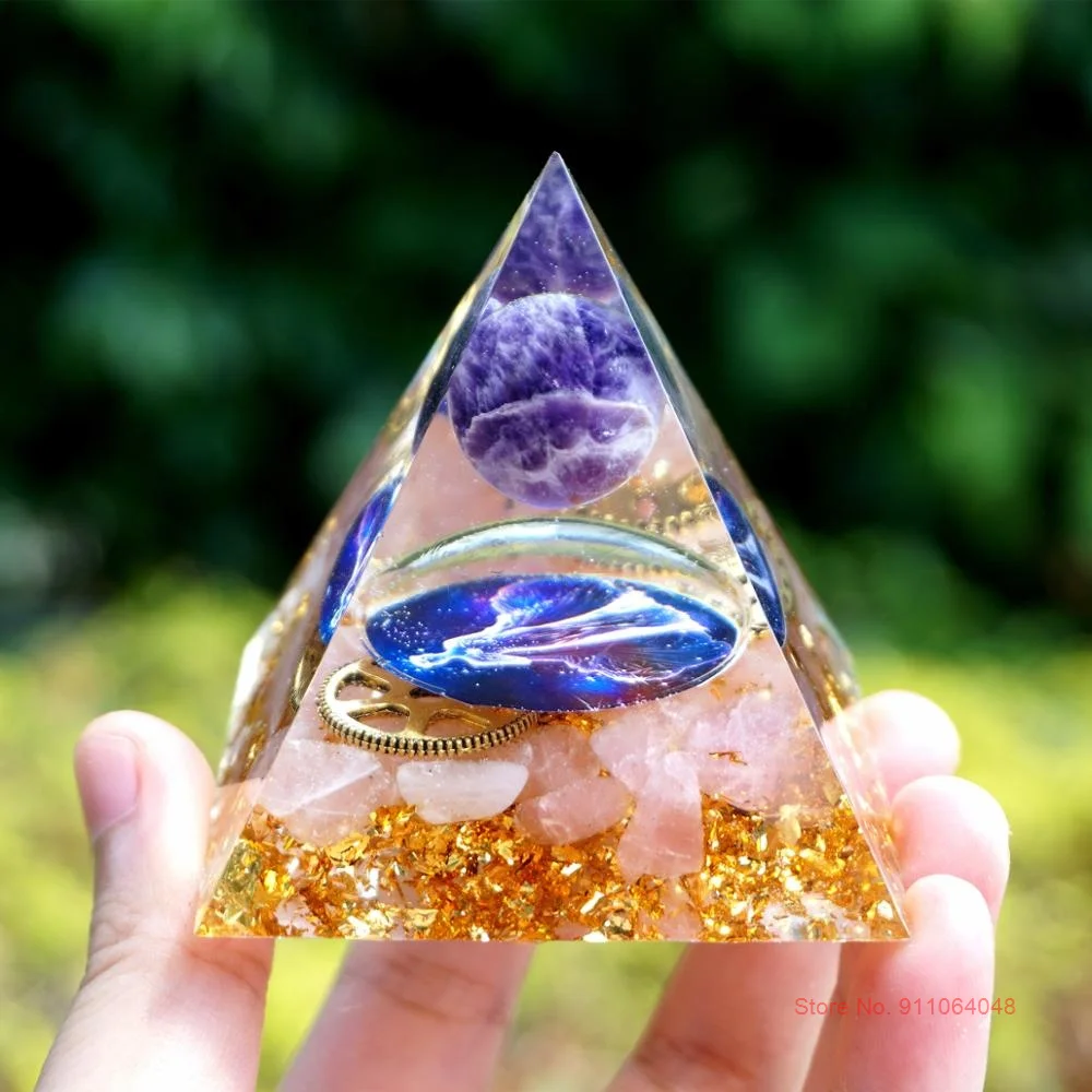 

60mm VIRGO Orgonite Pyramid Amethyst Sphere&Rose Quartz Gear Wheel Meditate EMF Protection Orgone Pyramid Crystal Healing Reiki