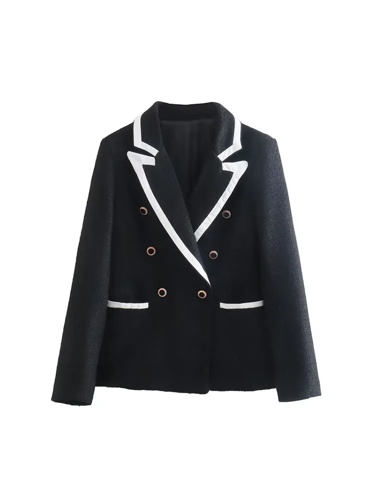 

Women 2023 New Fashion Double Breasted Contrast Trim Texture Blazer Coat Vintage Long Sleeve Pockets Female Outerwear Chic Tops