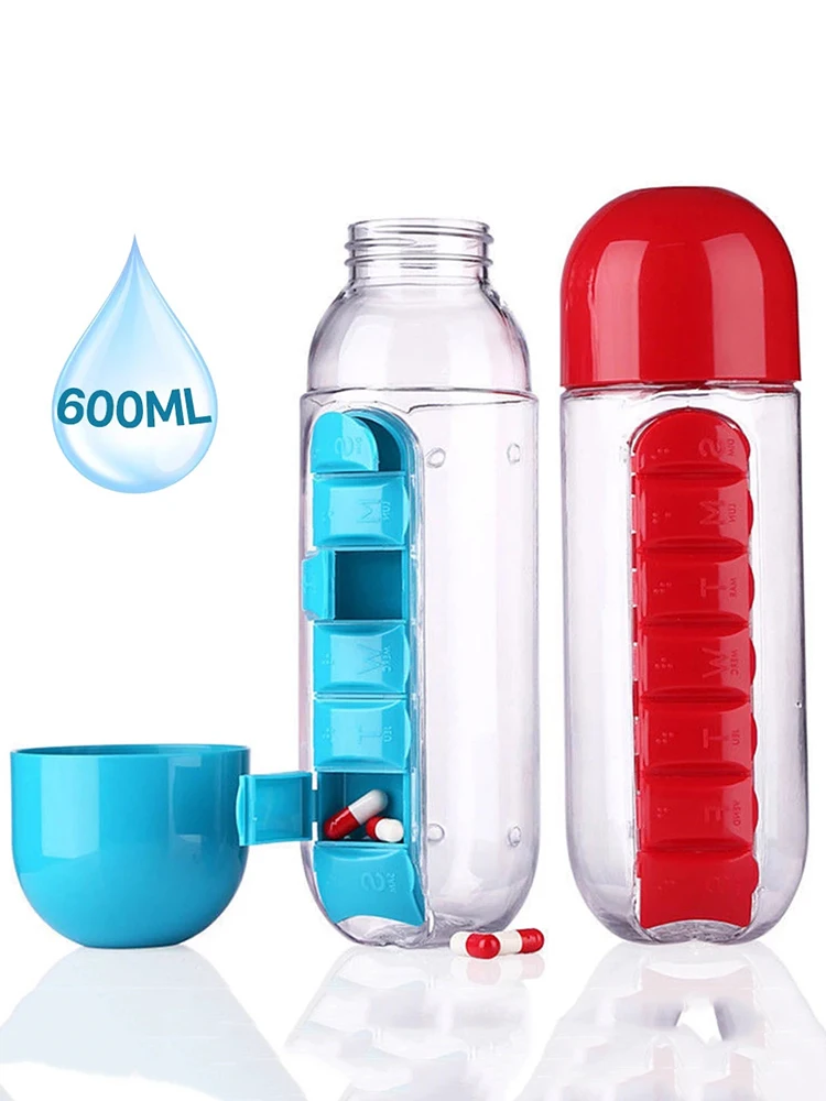 

600ml Sports Plastic Water Bottle Combine Daily Pill Boxes Medicine Case Organizer Drinking Bottles Leak-Proof Tumbler Outdoor