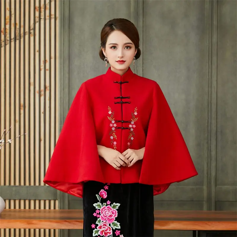 

Зимняя шерстяная одежда в стиле ретро 2022, накидка с вышивкой, куртка, милое модное пальто в китайском стиле на пуговицах, накидка, Женская шаль, T795