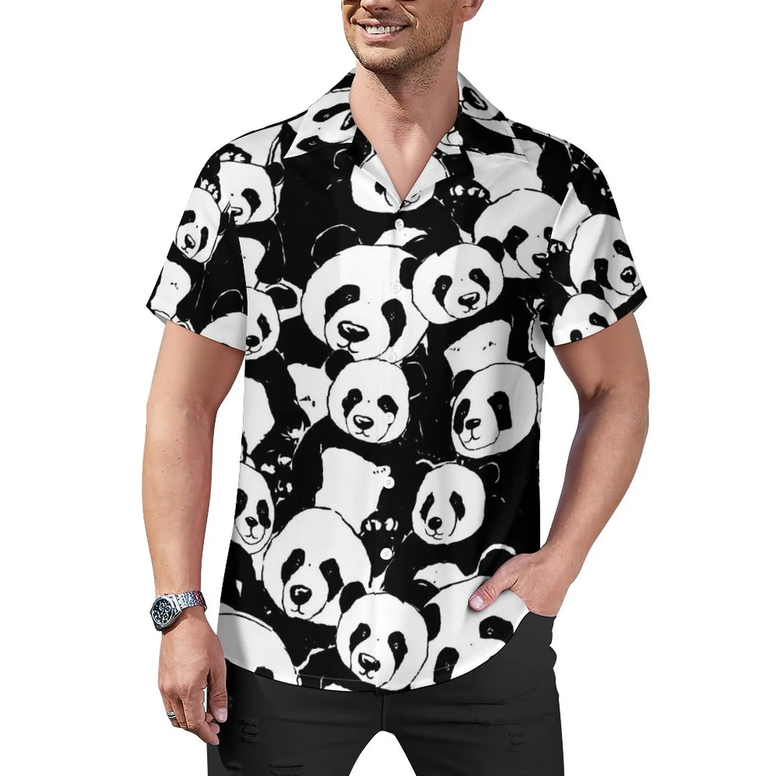 

Черно-белая Повседневная рубашка с принтом панды, забавная Свободная рубашка для отпуска с животным принтом, Гавайские блузки, дизайнерские топы большого размера с коротким рукавом