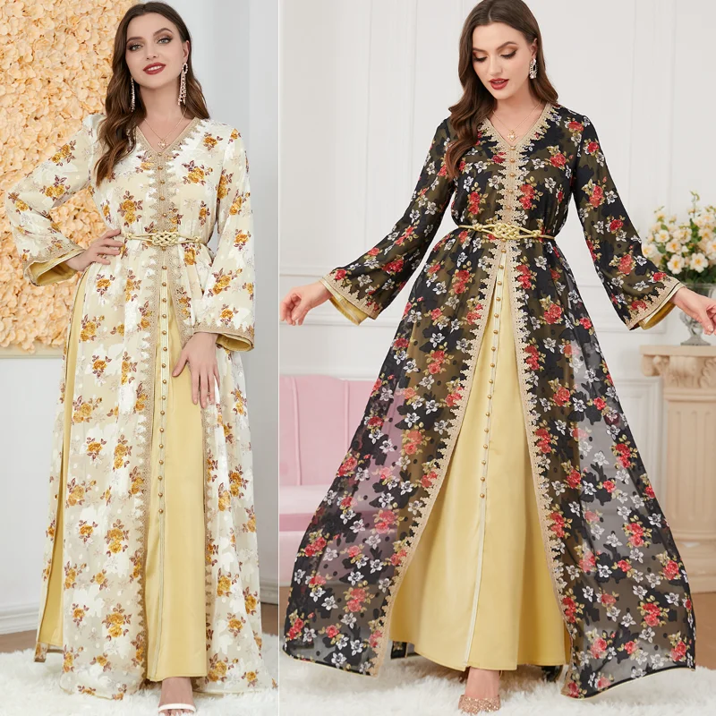Luxury Moroccan Kaftan Muslim Sets for Women Ramadan Arabic Embroidery Abaya Dress Eid Islamic Robe Jalabiya Marocain Clothes