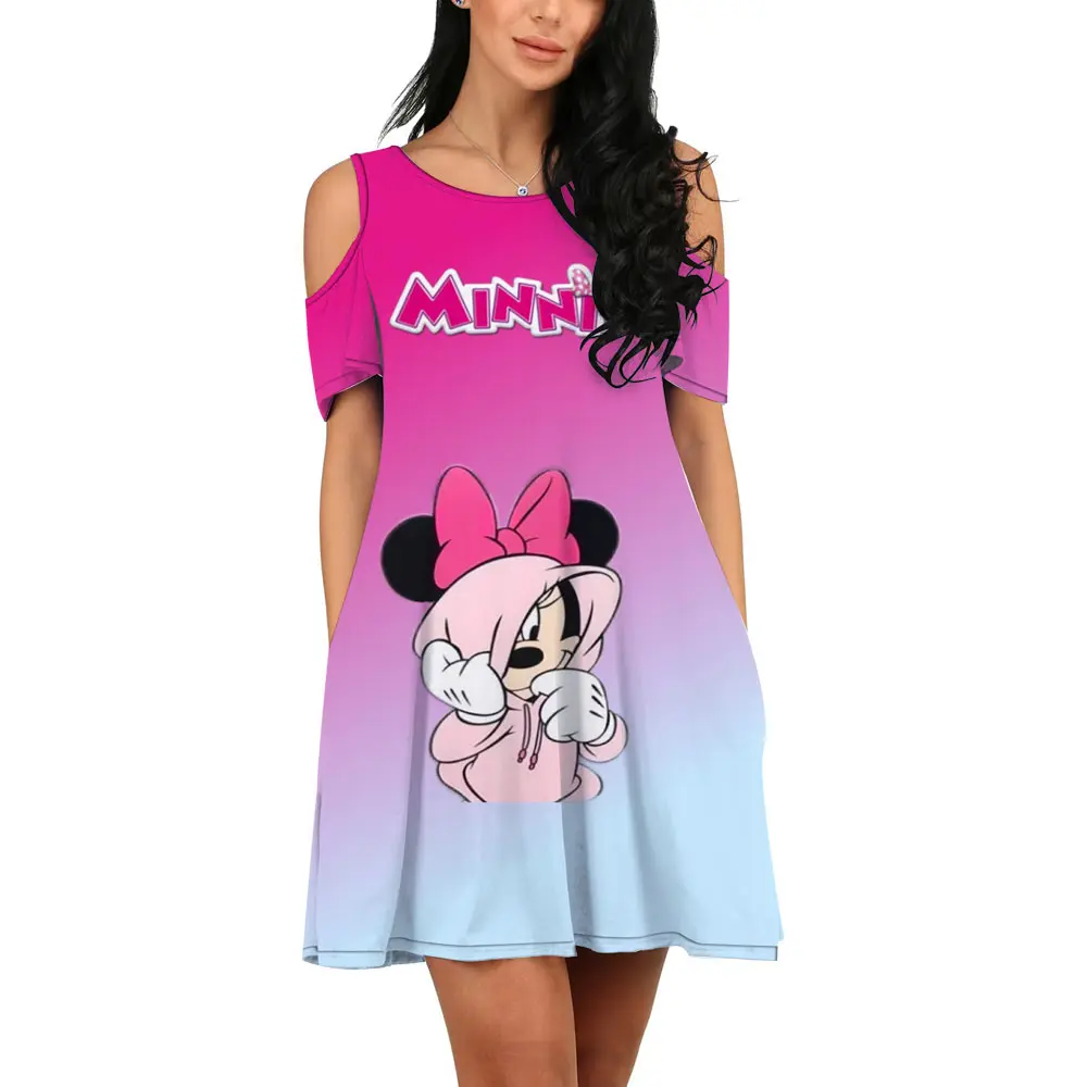 

Disney Minnie Bow 3D Print Elegant Pencil Skirt Women Simple Sheath Office Dress Summer Short Sleeve Off Shoulder Dress