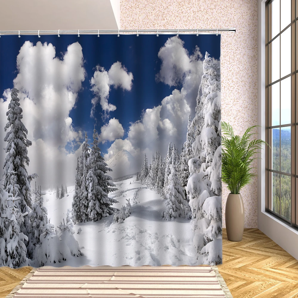 

Winter Snowflake Shower Curtains Houses Tree Ice Lake Surface Snow Scene Bathroom Decor Waterproof Fabric with Hooks Bath Screen