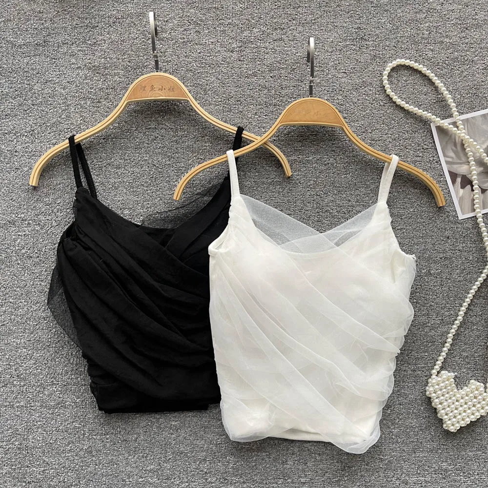 

Korean Style Mesh Camisole Fashion Sexy Crop Top V Neck Vest Basic Cami Sleeveless Bra White Tanks Women Clothes Dropshipping